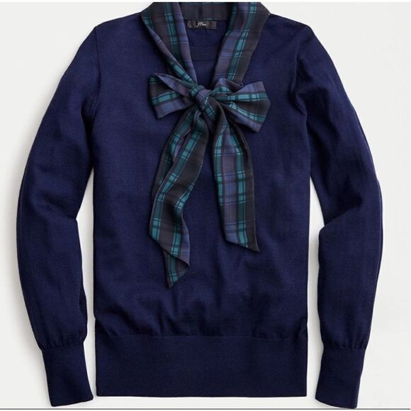 J. Crew Merino Wool Navy Blue Mockneck Sweater Tartan Scarf Tie Women’s Size XXS - Picture 1 of 13